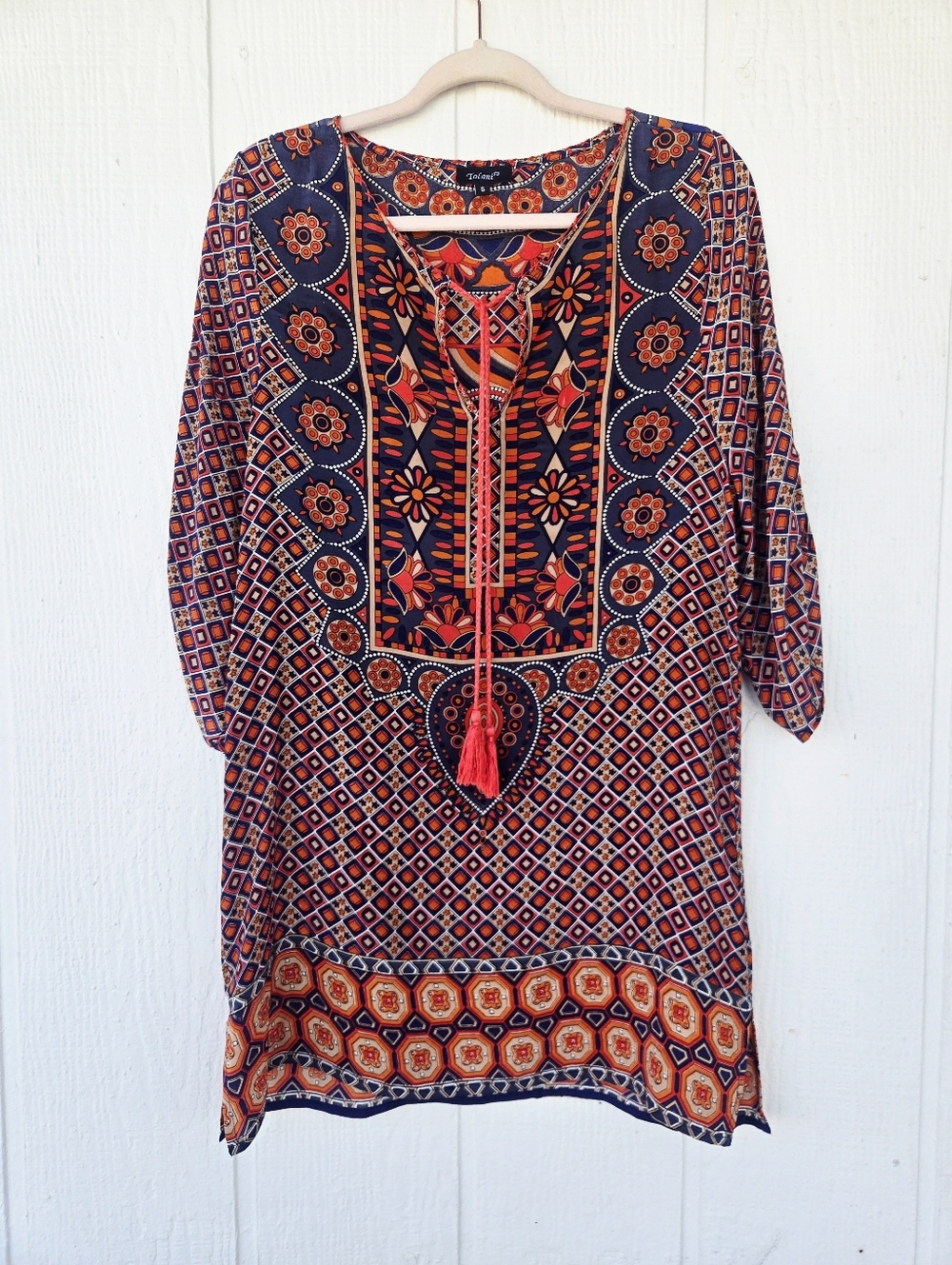 Tolani 100% Silk Boho Western Festival Tasseled Tie Neck Tunic Mini Dress Small